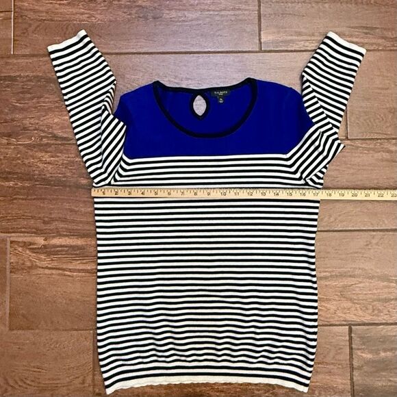 Talbots Color Block Knit Sweater Blue Black White Stripe 3/4 Sleeve Sz MP EUC - Picture 3 of 7